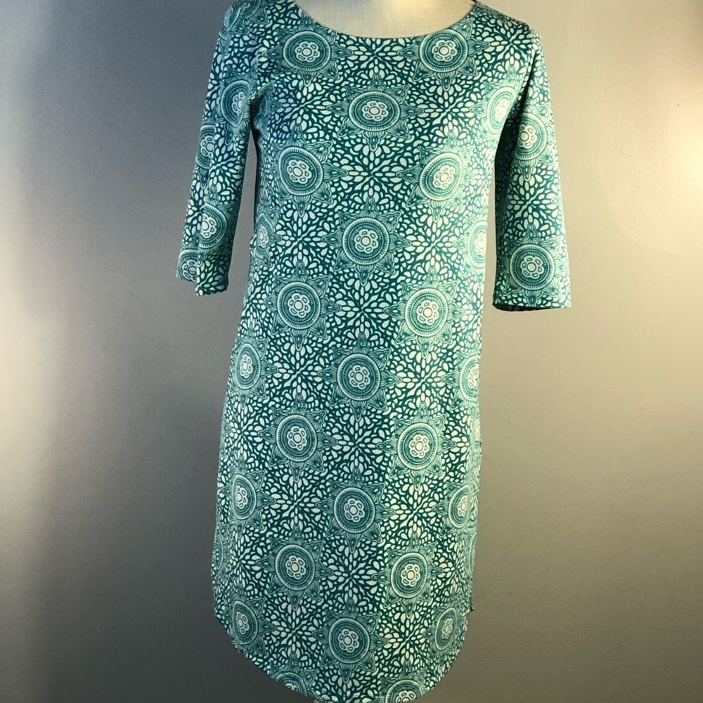 Lola White & GreenPrint Poly/Spandex Sheath Dress 3/4 Sleeves S